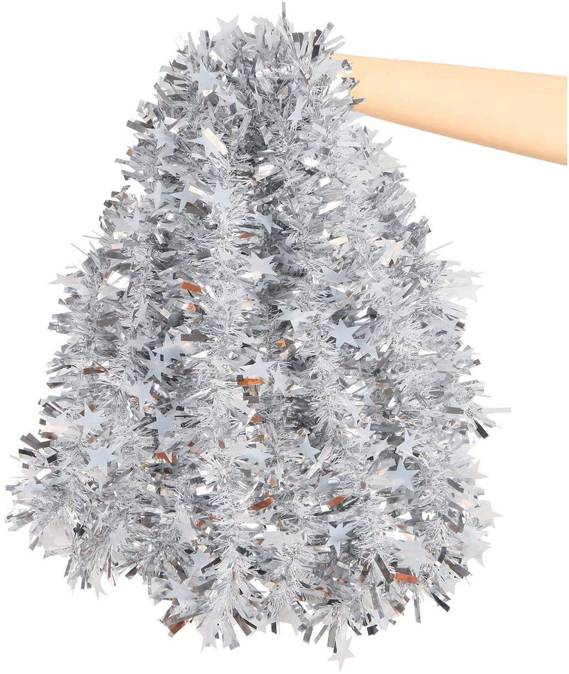 LOKIPA 10M Silver Christmas Chunky Tinsel Garland with Star for Christmas Tree Decorations
