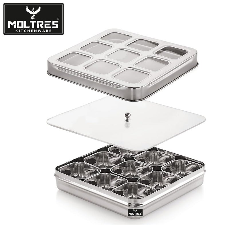 MOLTRES MOLTRES Premium Square See Through 9in1 Stainless Steel Masala Dabba Spice Box Organiser for Kitchen with SeeThrough Lid and 9 Containers with Spoon Size 23x23x6 cm Spice Box - Image 3