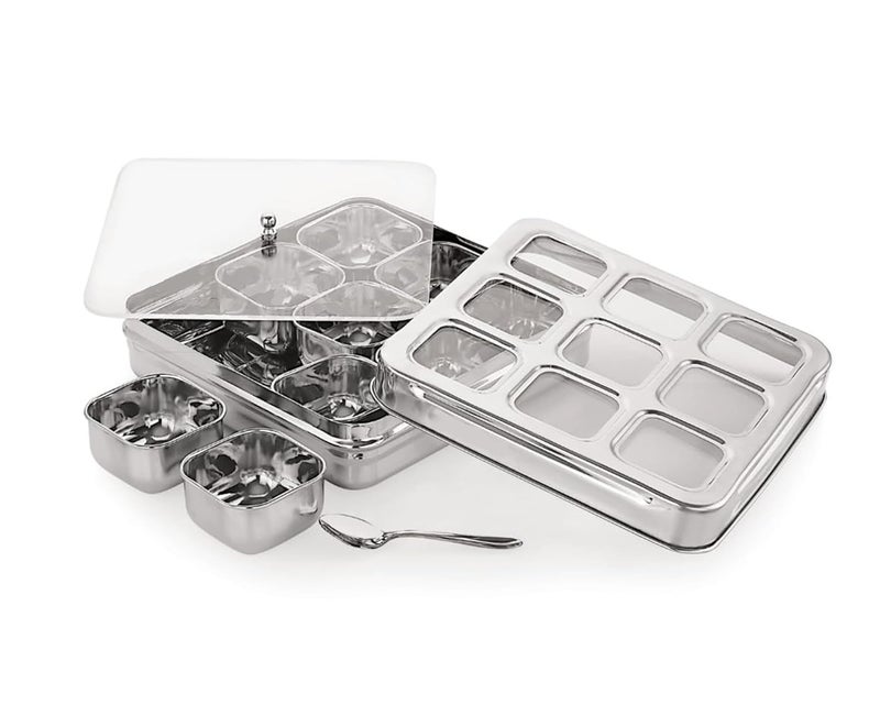 MOLTRES MOLTRES Premium Square See Through 9in1 Stainless Steel Masala Dabba Spice Box Organiser for Kitchen with SeeThrough Lid and 9 Containers with Spoon Size 23x23x6 cm Spice Box - Image 1