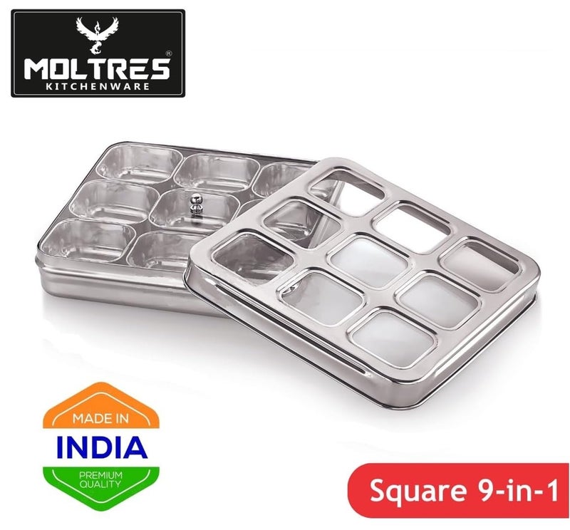 MOLTRES MOLTRES Premium Square See Through 9in1 Stainless Steel Masala Dabba Spice Box Organiser for Kitchen with SeeThrough Lid and 9 Containers with Spoon Size 23x23x6 cm Spice Box - Image 5