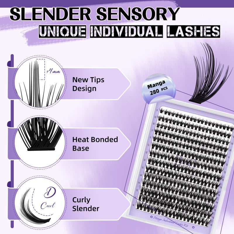 B&qaugen Lash Extension Kit for Beginners Eyelash Extension Kit Manga Lash Clusters Kit 280 PCS Individual Lashes Kit Volume 40D Soft D Curl Eye Lash Extension Lash Kit(Manga-40D-D-9-16MIX) - Image 2