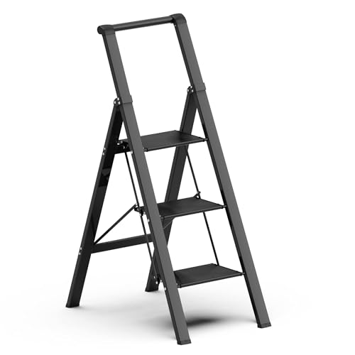 SOLADDER 3 Step Ladder Slim Folding Steps Stool with Handrail Lightweight Aluminum Alloy Foldable Black Ladder with AntiSlip Wide Pedal for Home Kitchen Office Garage Use 300 lbs Capacity
