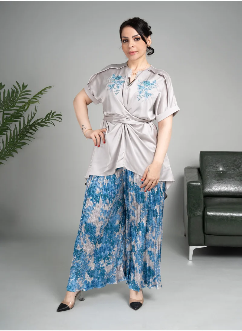 IKKXA Two Pieces Pant and Blouse Modern Set CJ1030 Blue