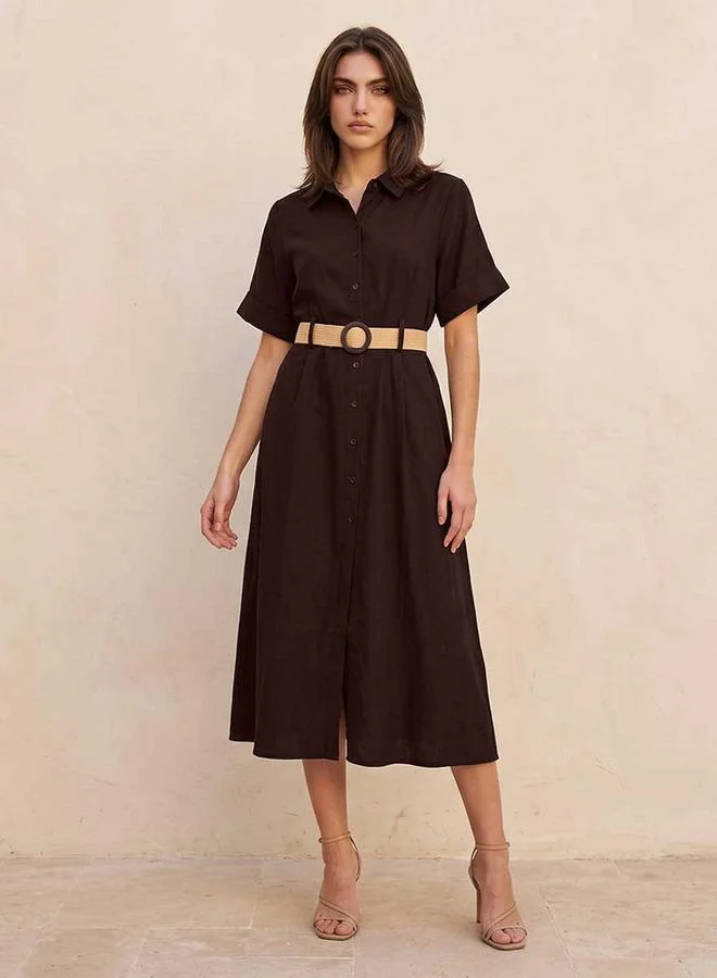 Basic Belted A Line Midi Shirt Dress