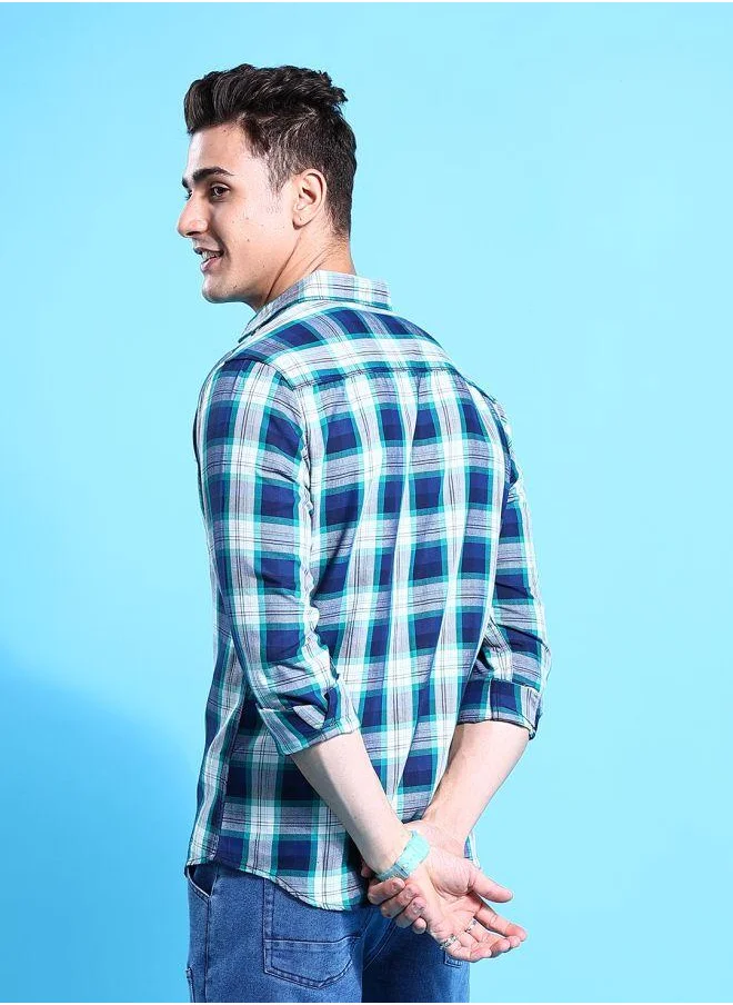 شركة المرآب الهندية Men Slim Fit Checkered Full Sleeves Spread Collar Casual Shirt