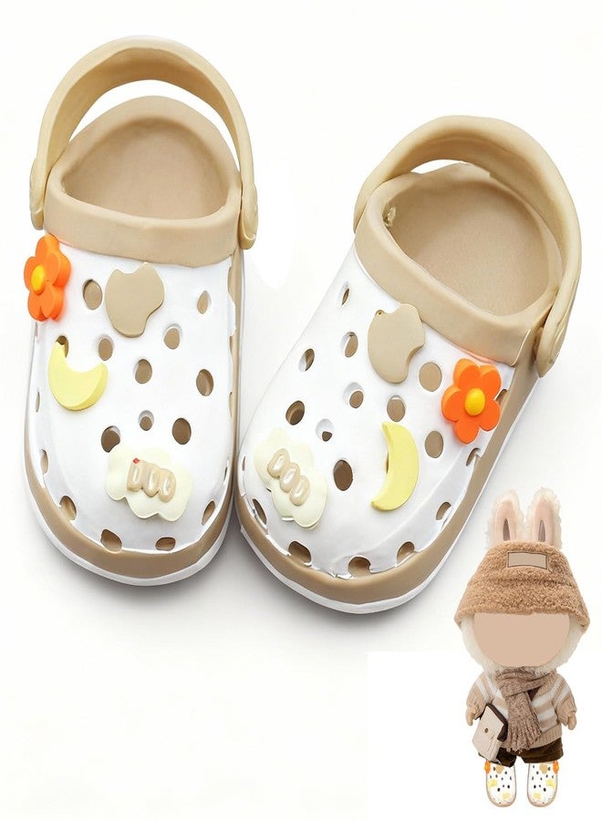 OLLBIT Doll Shoes,6.7in(17cm) Plastic Doll Dress up Shoes,Doll Decoration Accessories for Mini Clog Shoes with Cute Decoratives,Dual-Tone Oil Painting Design with Removable Ornament (Khaki) - Image 1