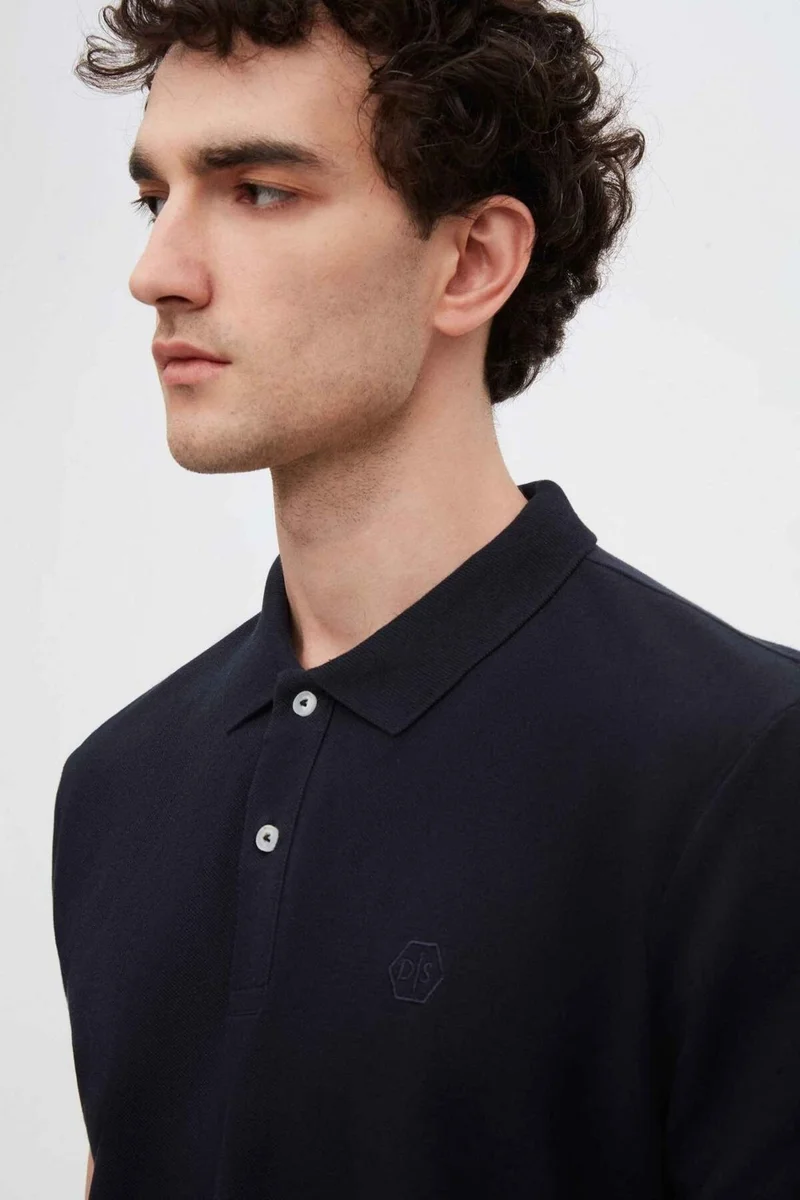 D'S DAMAT Regular Fit Navy Blue Pique Textured 100% Cotton Non-Curl Polo Collar Embroidered T-Shirt 4HC14ORT51000