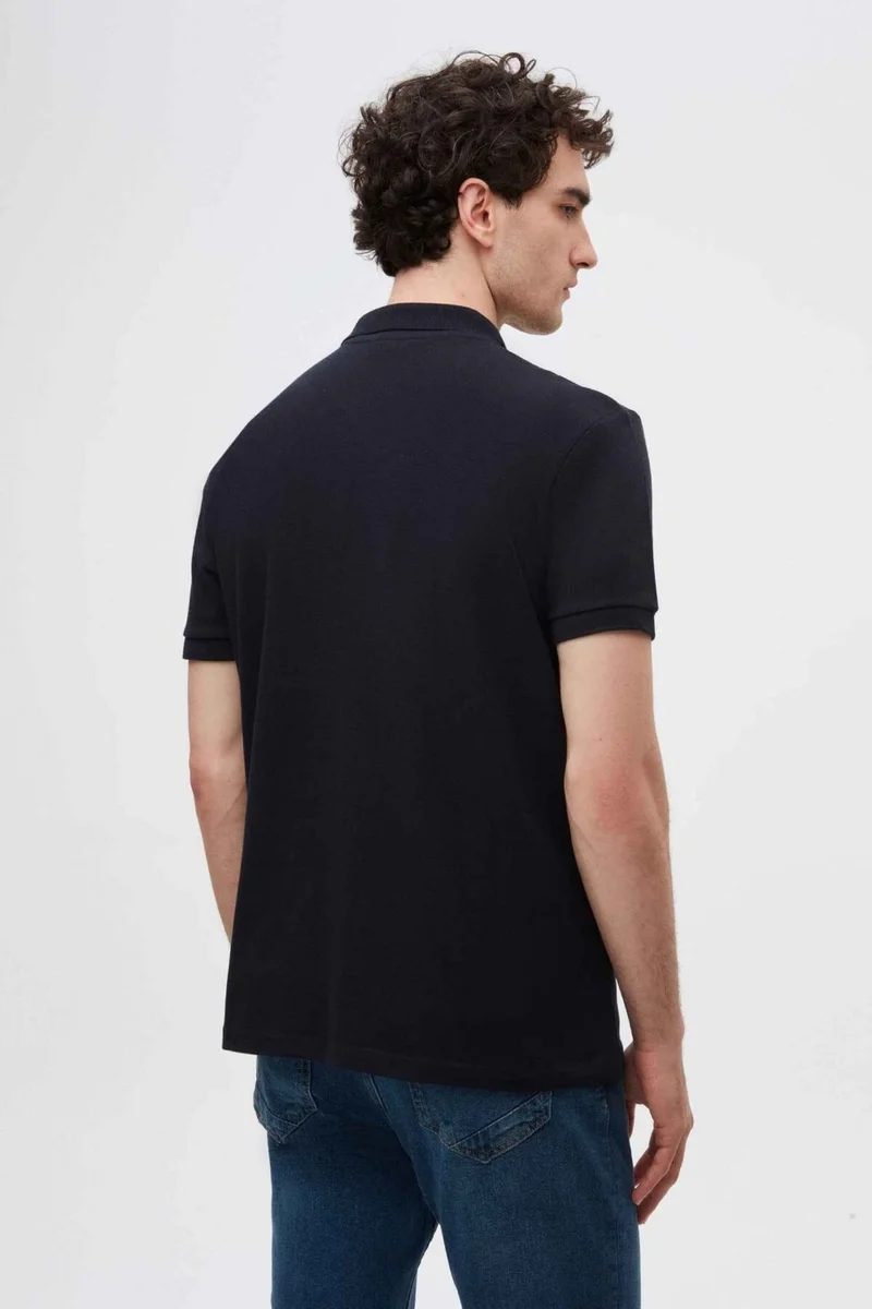 D'S DAMAT Regular Fit Navy Blue Pique Textured 100% Cotton Non-Curl Polo Collar Embroidered T-Shirt 4HC14ORT51000