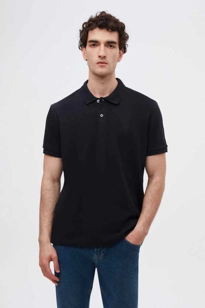 D'S DAMAT Regular Fit Navy Blue Pique Textured 100% Cotton Non-Curl Polo Collar Embroidered T-Shirt 4HC14ORT51000