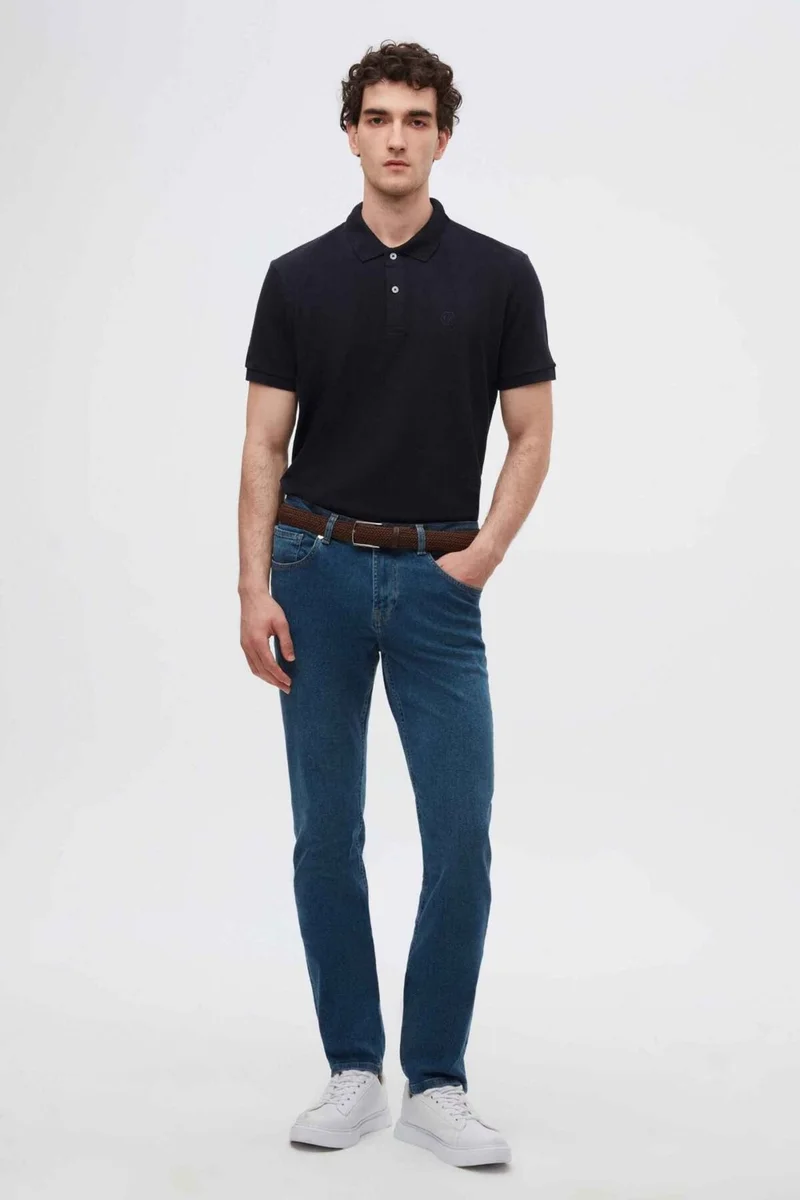 D'S DAMAT Regular Fit Navy Blue Pique Textured 100% Cotton Non-Curl Polo Collar Embroidered T-Shirt 4HC14ORT51000