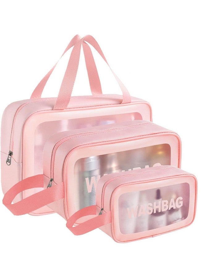 LandVK Cosmetic Makeup Organizer Pouch Bag for Women, Wash Bag for Travel, Toilery Organizer Kit, 3 Pcs Wash Bag Set, Pink - Image 1