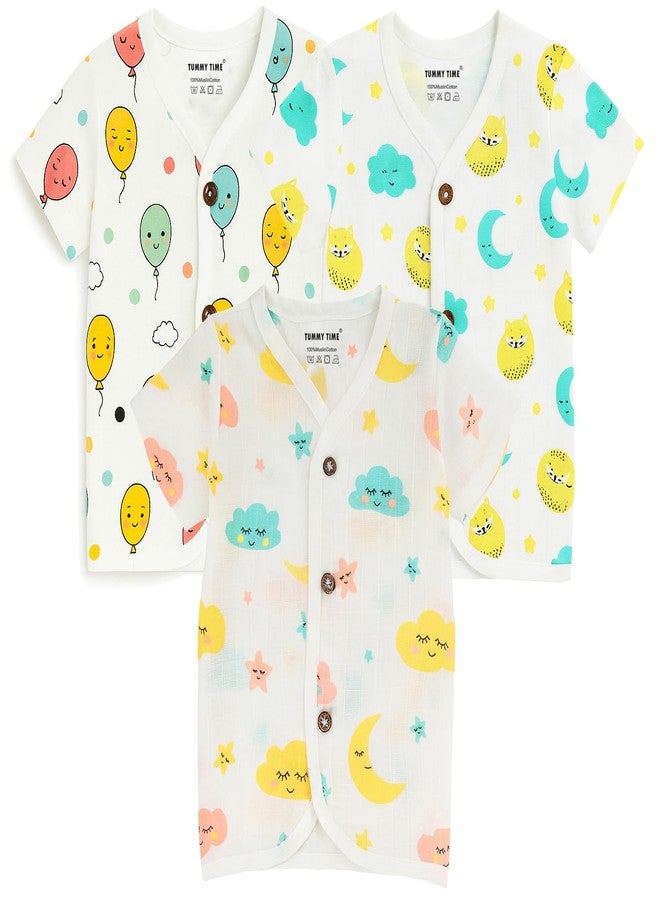 TUMMY TIME Muslin Front Open Jabla for Newborn Baby - White Printed, Half Sleeve Jabla| Muslin Soft Cotton Dress - Image 1