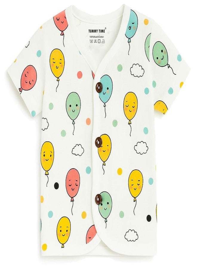 TUMMY TIME Muslin Front Open Jabla for Newborn Baby - White Printed, Half Sleeve Jabla| Muslin Soft Cotton Dress - Image 4
