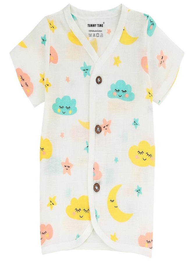 TUMMY TIME Muslin Front Open Jabla for Newborn Baby - White Printed, Half Sleeve Jabla| Muslin Soft Cotton Dress - Image 2
