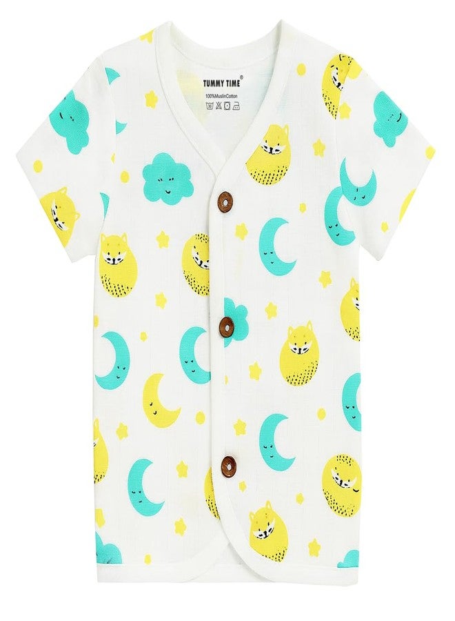 TUMMY TIME Muslin Front Open Jabla for Newborn Baby - White Printed, Half Sleeve Jabla| Muslin Soft Cotton Dress - Image 3