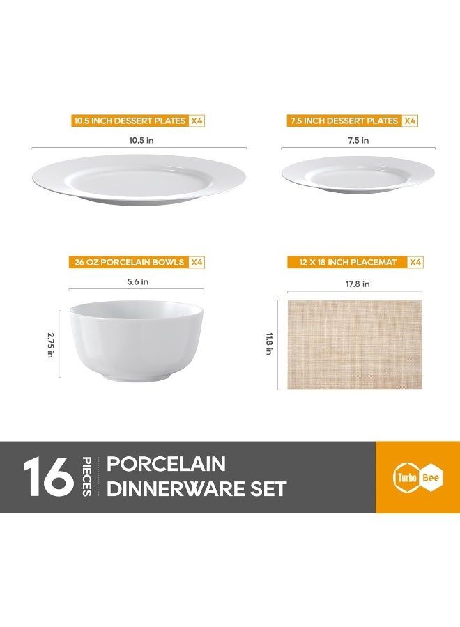 Turbo Bee 16 Pieces Plates and Bowls Sets White Porcelain Dinnerware Sets Ceramic Dishes Set Service for 4 White Kitchen Dinner Dining Ware Set - Image 2