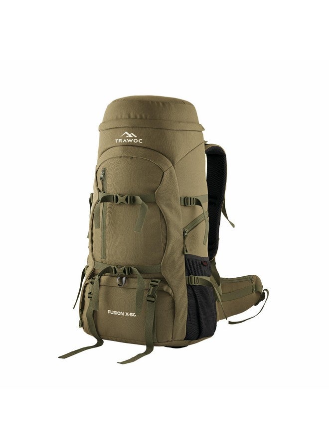 Trawoc حقيبة سفر داخلية TRAWOC FUSION X سعة 50 لتر مع إطار ألياف، حقيبة ظهر تفتح من الأمام والأعلى للمشي والتخييم، حقيبة ظهر للرجال والنساء مع غطاء مطري وحجرة للأحذية، زيتوني أخضر SHK018 - Image 1