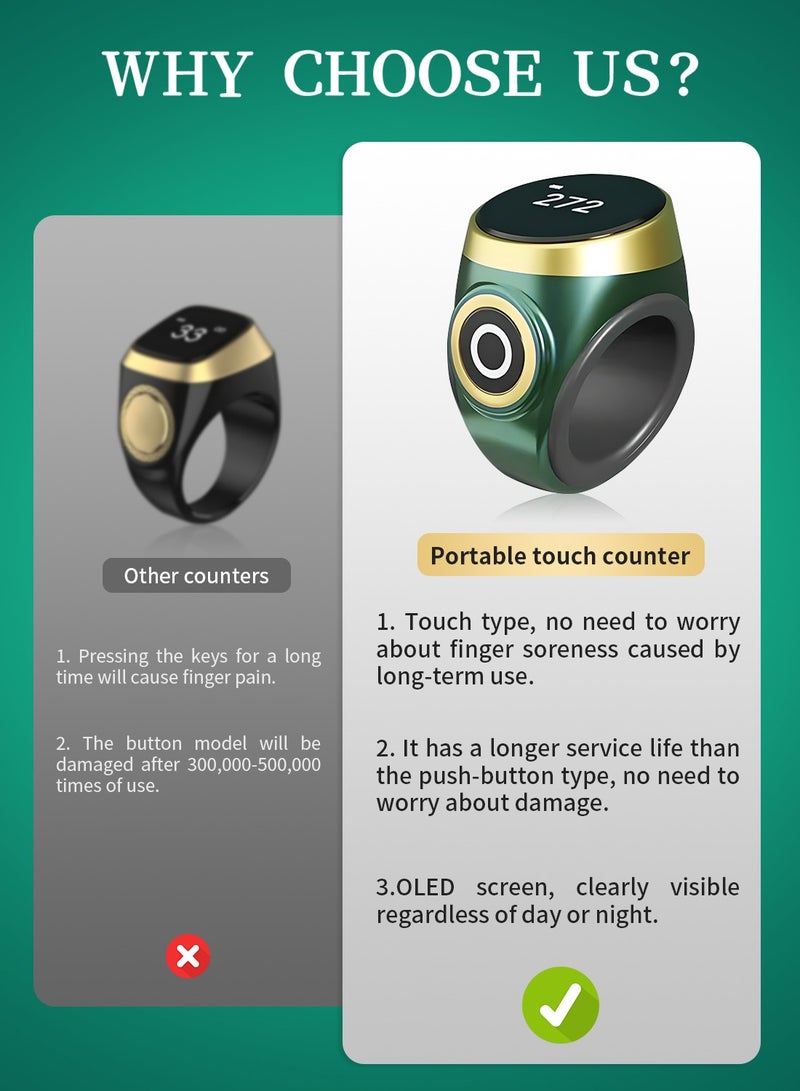 خاتم تسبيح رقمي يمكن ارتداؤه مع عداد، شاشة OLED مقاومة للماء، الحد الأقصى للعد هو 9999، مناسب للصلاة الإسلامية - Image 3