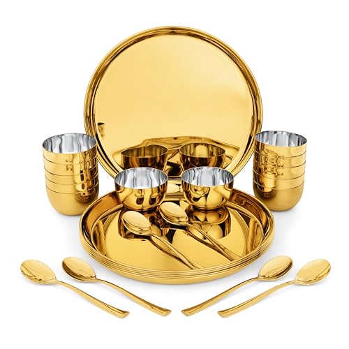 FnS Royal 24 pcs Stainless Steel Gold Dinner Set (6 Thali, 12 Katori (Bowl), 6 Dinner Spoon) - Image 1