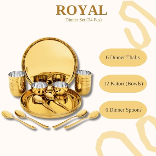 FnS Royal 24 pcs Stainless Steel Gold Dinner Set (6 Thali, 12 Katori (Bowl), 6 Dinner Spoon) - Image 2