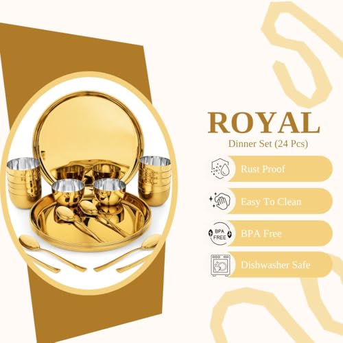 FnS Royal 24 pcs Stainless Steel Gold Dinner Set (6 Thali, 12 Katori (Bowl), 6 Dinner Spoon) - Image 3
