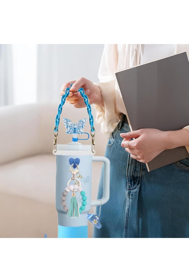 JOSQUEWNN 8pcs Cup Accessories Set for Stanley Cup 30oz &40 oz Tumbler: Tassel Bead Pendant, Charm Bracelet, Key chain, Resin Butterfly Straw, Dust Cover, Leak-Proof Drinking Straw Cover, Stylish and Practical Drink ware Accessories,Blue.  - Image 3