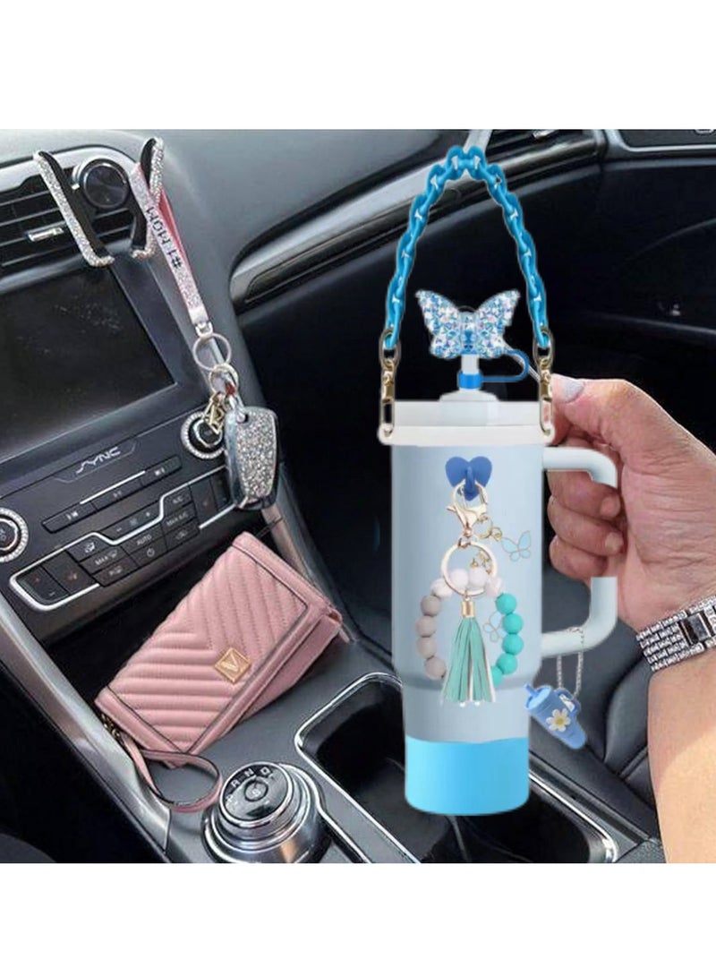 JOSQUEWNN 8pcs Cup Accessories Set for Stanley Cup 30oz &40 oz Tumbler: Tassel Bead Pendant, Charm Bracelet, Key chain, Resin Butterfly Straw, Dust Cover, Leak-Proof Drinking Straw Cover, Stylish and Practical Drink ware Accessories,Blue.  - Image 2