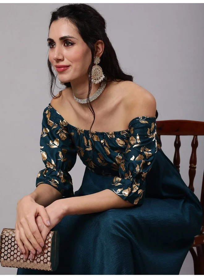أيه كيه إس Teal Gold Foil Print Flared Anarkali