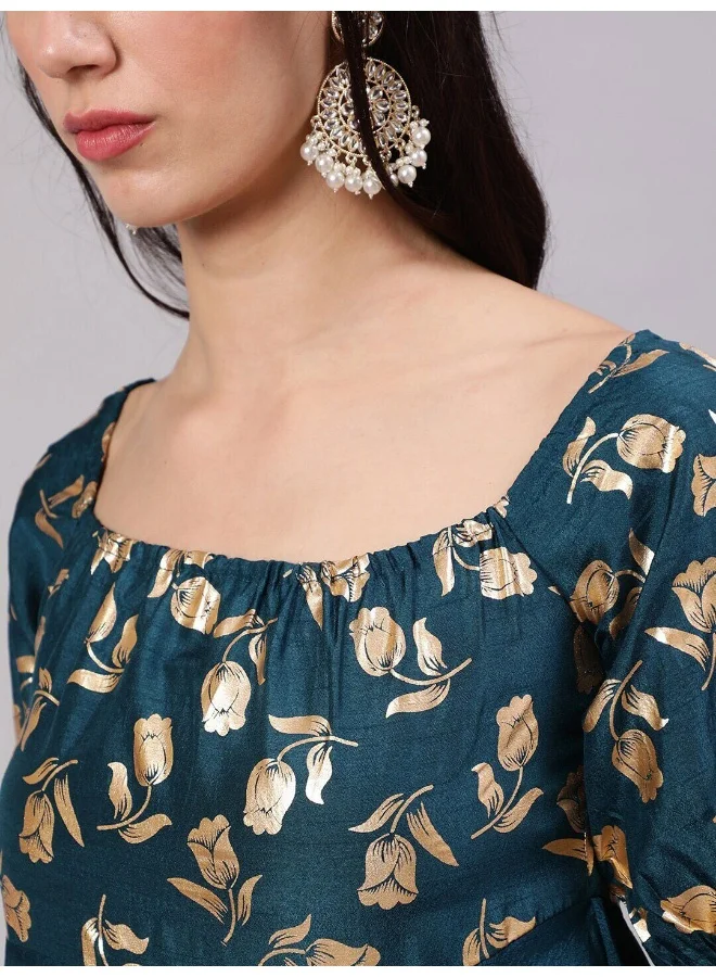 أيه كيه إس Teal Gold Foil Print Flared Anarkali
