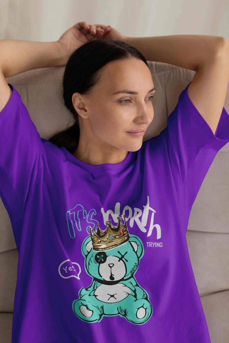 DogFish Women's Lilac Teddy Printed Oversize T-Shirt