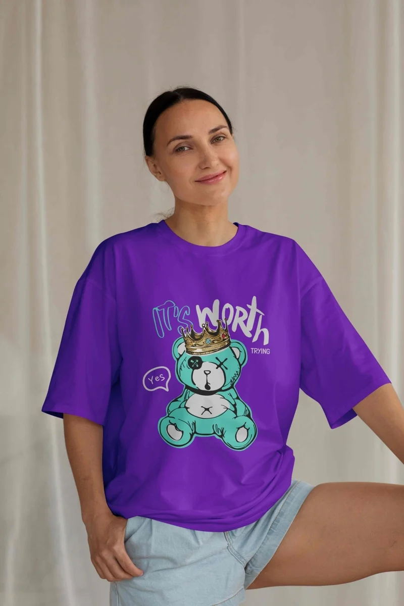 DogFish Women's Lilac Teddy Printed Oversize T-Shirt