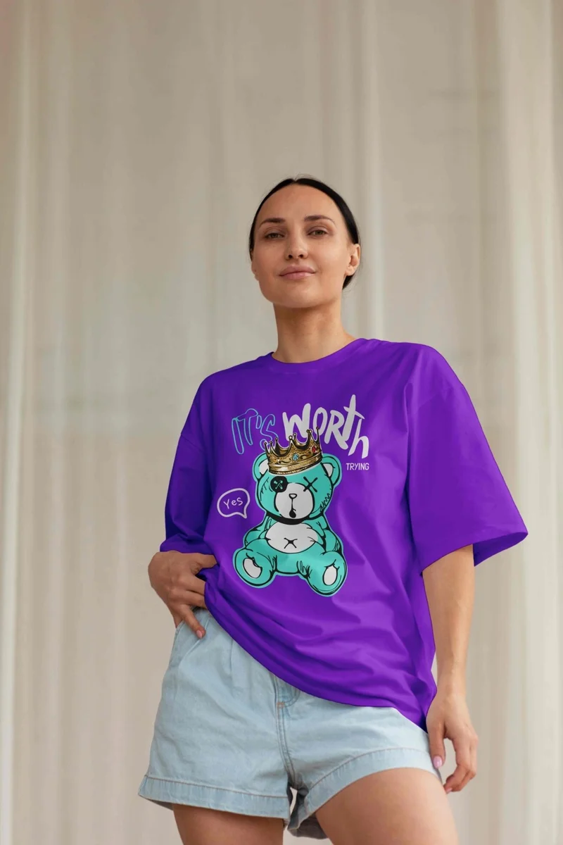 DogFish Women's Lilac Teddy Printed Oversize T-Shirt