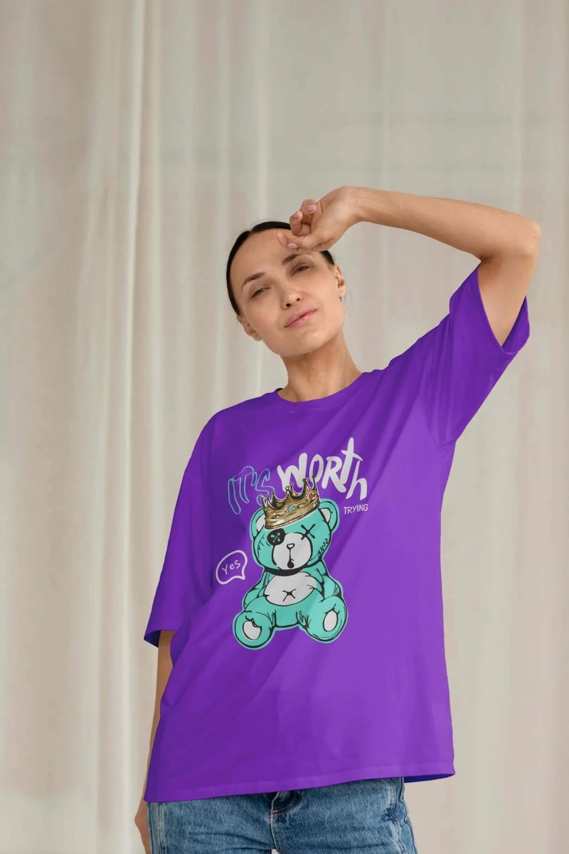 DogFish Women's Lilac Teddy Printed Oversize T-Shirt