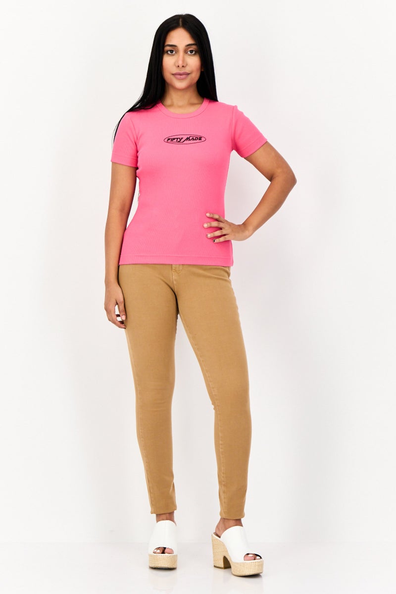 Fifty Made Women Round Neck Short Sleeve Brand Logo T-Shirts, Pink - Image 4