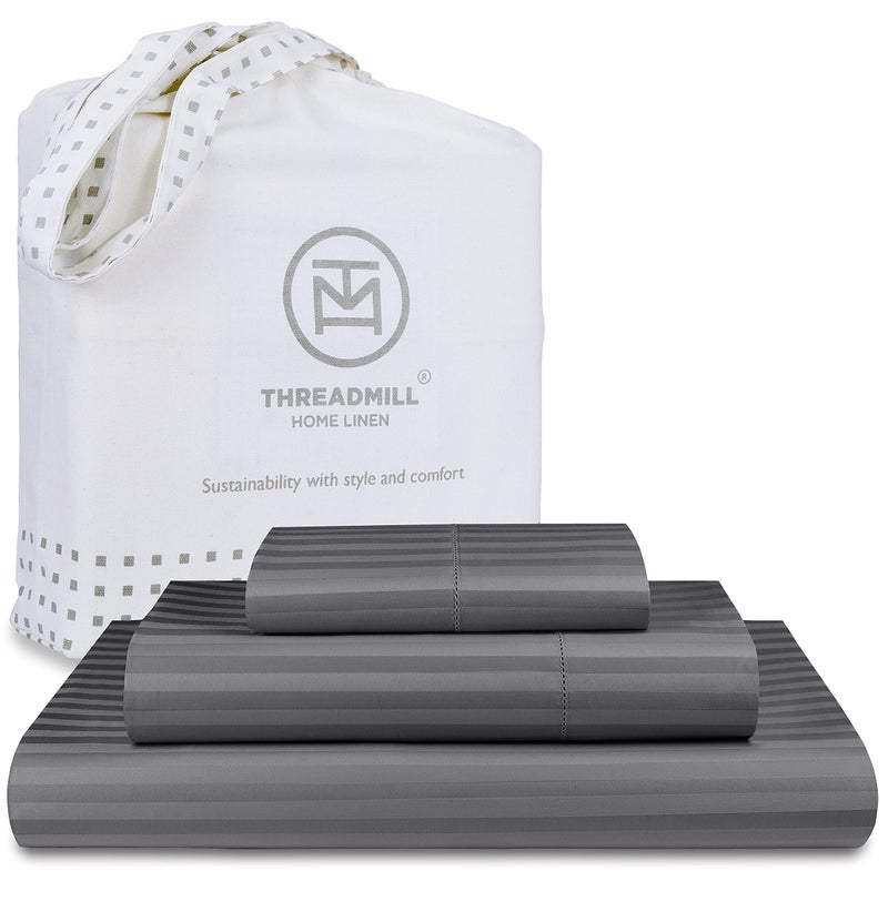 Threadmill 100 Cotton Sheets for Queen Size Bed  600 Thread Count Queen Bed Sheets Set with 16 Deep Pocket  Damask Stripe Sateen Weave 4Piece Bedding Set with Cooling Effect Dark Grey