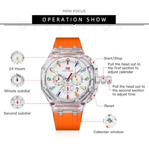 MF MINI FOCUS MINI Focus Men Watches,Unique Transparent (Mutifunction/Light Weight/Calendar/Waterproof) Silicone Strap Fashion Wrist Watches for Men (Orange) - Image 4