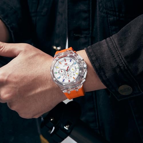 MF MINI FOCUS MINI Focus Men Watches,Unique Transparent (Mutifunction/Light Weight/Calendar/Waterproof) Silicone Strap Fashion Wrist Watches for Men (Orange) - Image 3