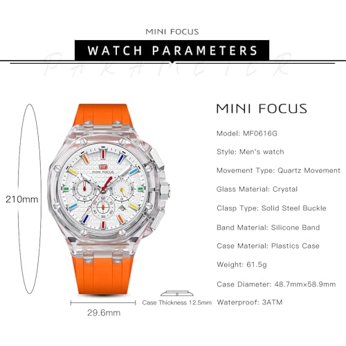 MF MINI FOCUS MINI Focus Men Watches,Unique Transparent (Mutifunction/Light Weight/Calendar/Waterproof) Silicone Strap Fashion Wrist Watches for Men (Orange) - Image 5