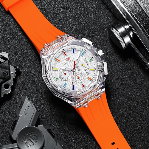 MF MINI FOCUS MINI Focus Men Watches,Unique Transparent (Mutifunction/Light Weight/Calendar/Waterproof) Silicone Strap Fashion Wrist Watches for Men (Orange) - Image 2