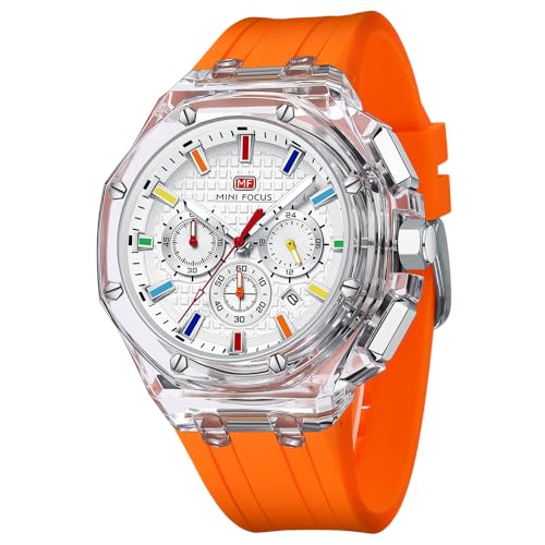 MF MINI FOCUS MINI Focus Men Watches,Unique Transparent (Mutifunction/Light Weight/Calendar/Waterproof) Silicone Strap Fashion Wrist Watches for Men (Orange) - Image 1