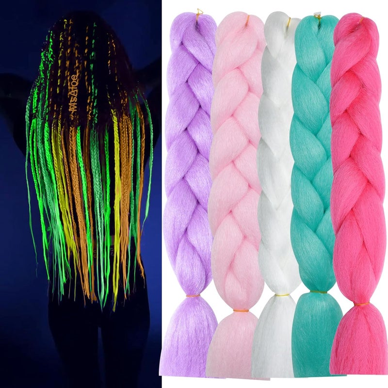 Ms Aloe Christmas Glowing Braiding Hair Pre Stretched Rainbow Braiding Hair Colorful Luminous Box Braids Multi Colored Braiding Hair Glow in the Dark Hair Extensions