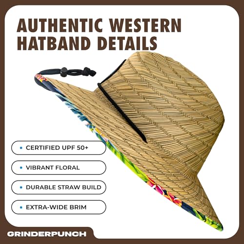 grinderPUNCH Lifeguard Hat Mens Straw Sun Hat for Outdoor, and Travel | UPF 50+ Sun Protection | Straw Beach Hat for Men (Tropical Pineapple) - Image 3