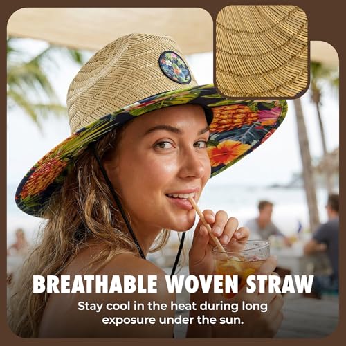 grinderPUNCH Lifeguard Hat Mens Straw Sun Hat for Outdoor, and Travel | UPF 50+ Sun Protection | Straw Beach Hat for Men (Tropical Pineapple) - Image 4