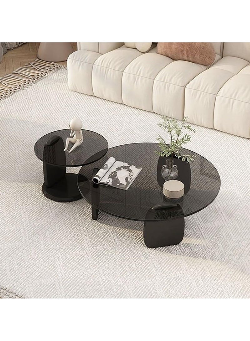 LEDIN Coffee Table Set of 2 Modern Design Stylish Luxury Round Edges Tempered Glass and Premium Wood Coffee Table, Side Table for Bedroom Offices Black - Image 1