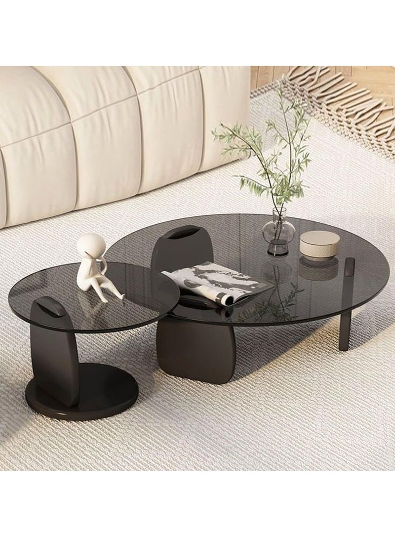 LEDIN Coffee Table Set of 2 Modern Design Stylish Luxury Round Edges Tempered Glass and Premium Wood Coffee Table, Side Table for Bedroom Offices Black - Image 2