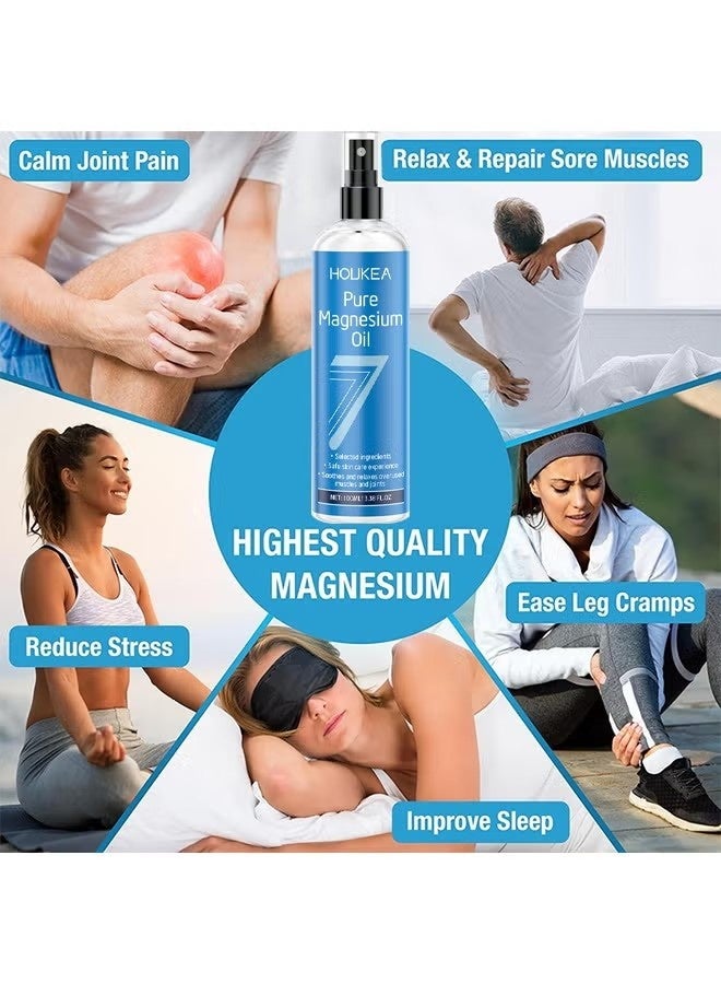 houkea Pure Magnesium Oil Spray, Promotes Calm Sleep And Relaxation, Organic Natural Topical Magnesium For Nighttime Comfort Sleep, Non-Greasy For Feet, Hands And Body, Sleep, Muscle Pain & Cramps, 100ML - Image 2