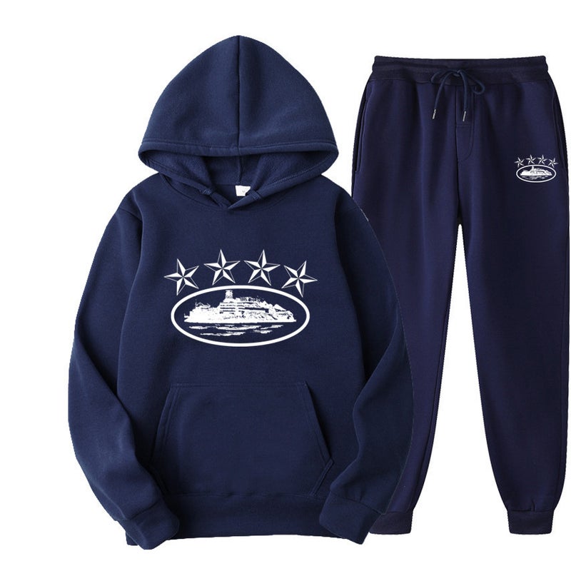 Cross-border Foreign Trade Corteiz Trendy Street Loose suit Womens Hip-hop Skateboard Five-pointed Star Magic Island Fashion Sweatshirt navy blue white word 