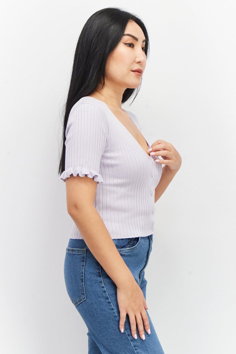 MONKI Women Textured Short Blouse, Light Purple - Image 4