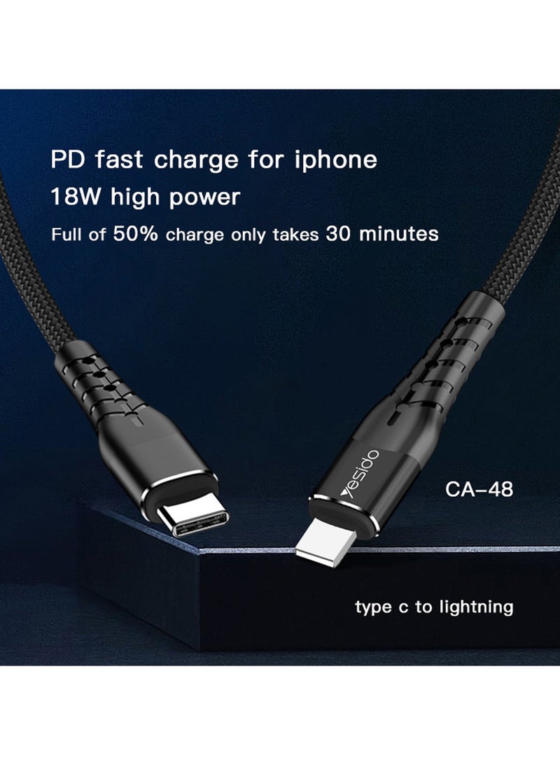Yesido - Yesido CA48 Nylon Braided PD Fast Charging Type-C to Lightning Phone Data Cable Fast Charging 18W Type-C PD Cable Line for iPhone Devices - Black - Image 1