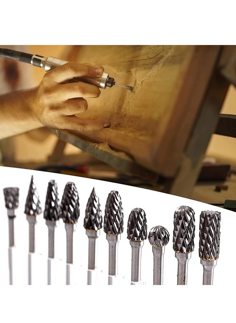 Double Cut Tungsten Carbide Rotary Burr Set 10pcs 1 8 Shank 1 4 Head Length Tungsten Steel for Wood and Stone Carving Steel Metal Working - Image 1